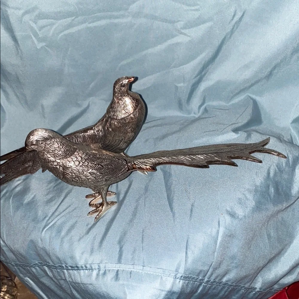 Vintage Lacquered Brass Silver finish Pheasant and  Japanese Peacock Bird Fig - Picture 5 of 10